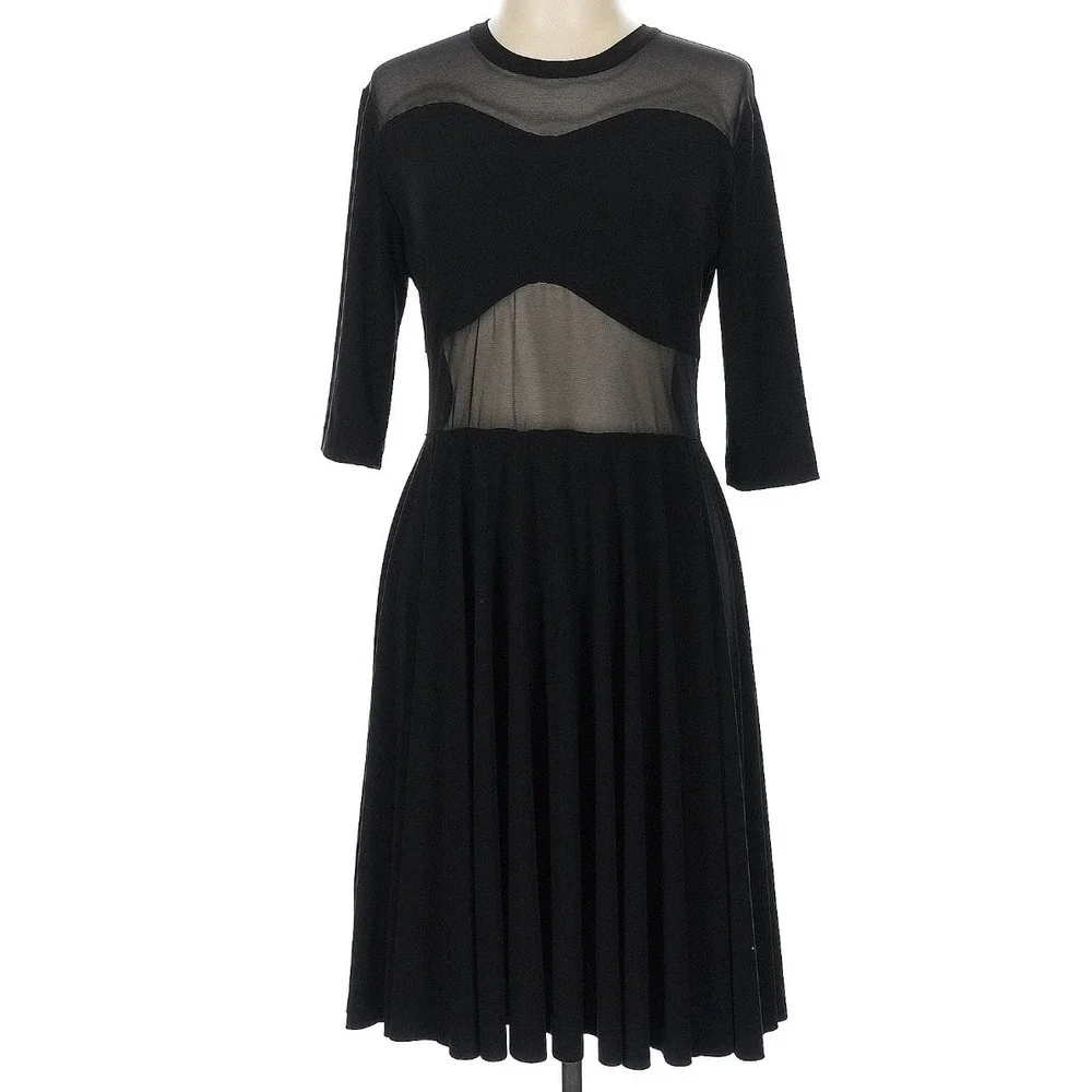 Norma Kamali Black Mesh Inset Fit Flare Midi Dress Women L Stretch Cocktail Chic